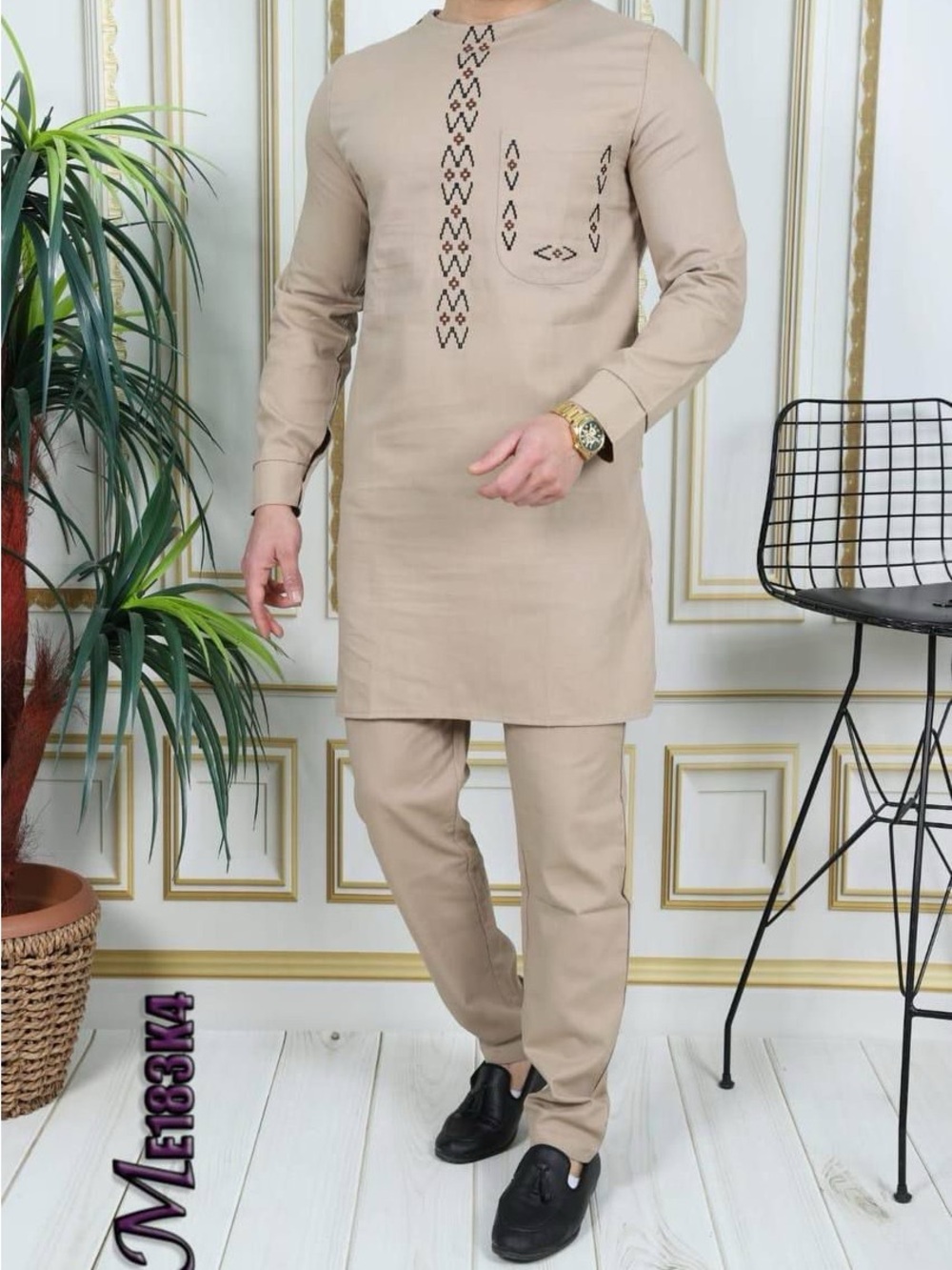 Men's Traditional Beige Tunic & Pants Set - Classic Style